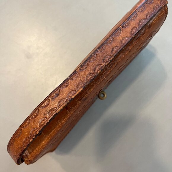 Vintage Tooled Cut Out Leather Handbag Purse Brown Green - Picture 6 of 15